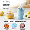 A blue silicone cup with a lid and straw is shown next to lemon slices, highlighting its leak-proof and slow-melting features