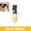 Botella pulverizadora negra de 200ml para aceite de cocina, mostrada con una mano aplicando el líquido.