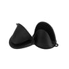 A pair of black silicone heat resistant oven mitts shown flat.