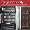 A large capacity drawer organizer with seven compartments for storing silverware and cooking utensils.