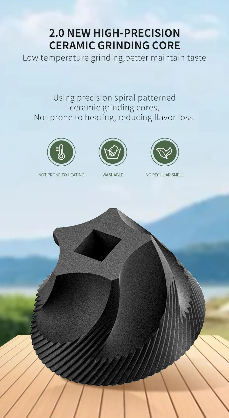 A black ceramic grinding core for coffee, shown on a wooden surface.