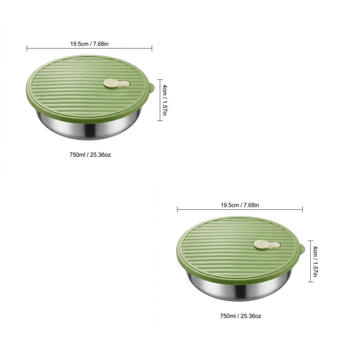 A stainless steel divided dinner plate with a green lid, shown from above.