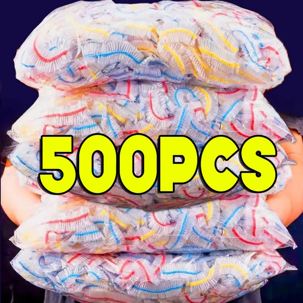 A stack of 500 reusable clear food storage bags for kitchen and shower