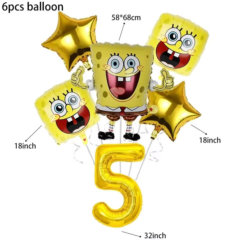 A set of six yellow and gold SpongeBob themed balloons shaped like a number 5