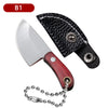 A stainless steel fruit knife with a black leather sheath and a metal keychain attached.