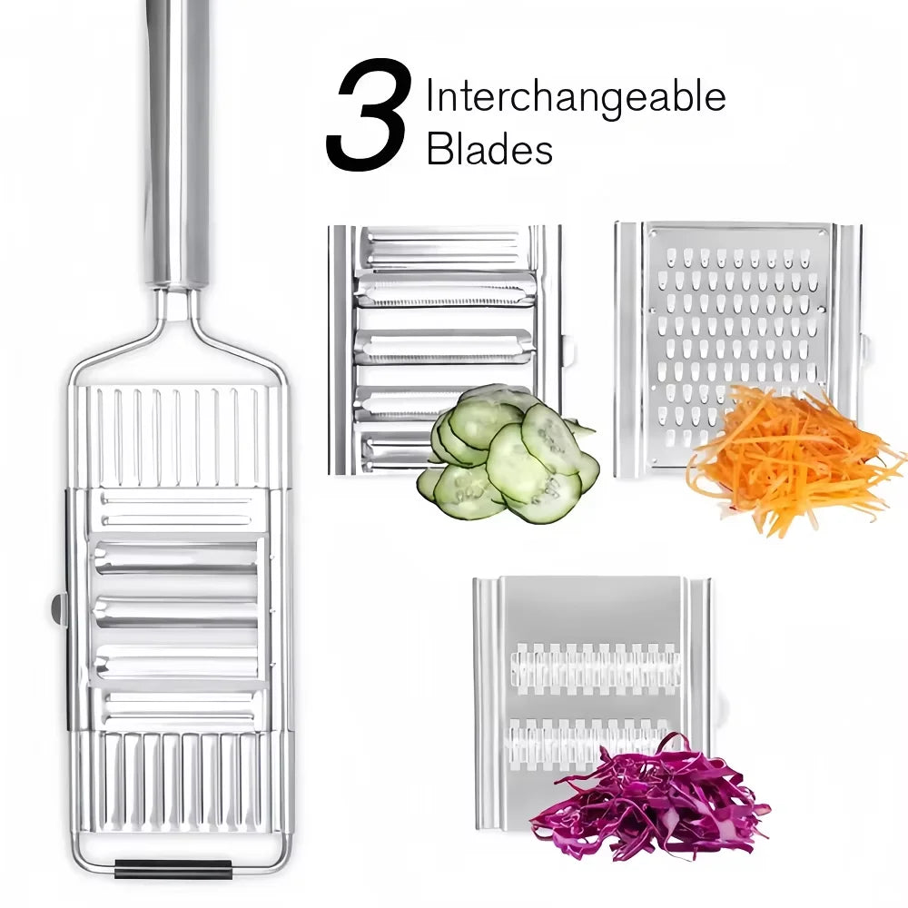 Stainless steel manual vegetable grater and slicer with interchangeable blades shown alongside various grated vegetables