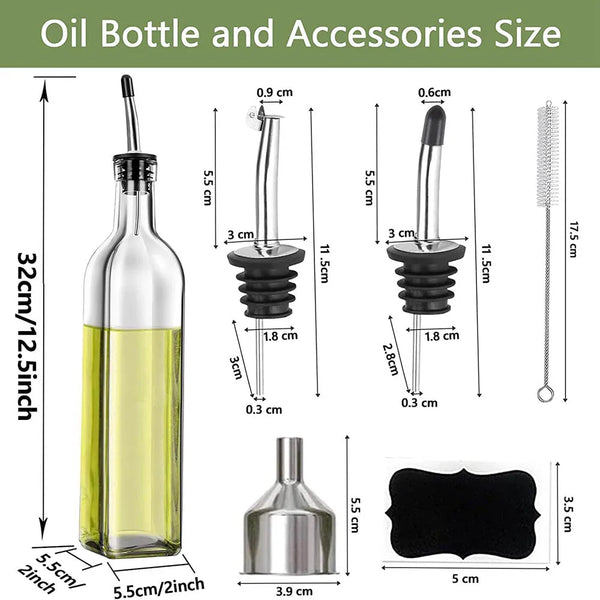 Set aus Glasölflaschen und Zubehör, einschließlich einer großen Flasche, verschieden großer Pipetten und eines kleinen Metall
