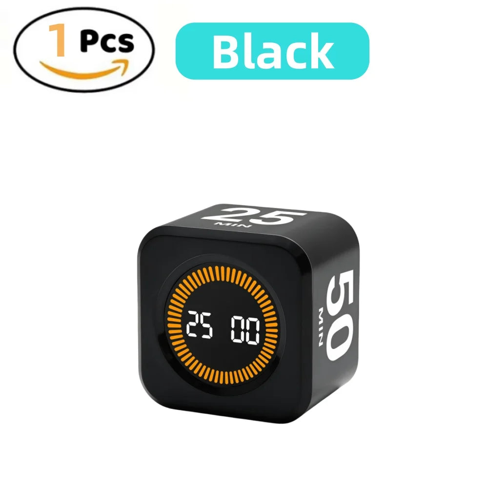 A black digital kitchen and study timer with a round display showing 25 minutes.