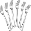 A set of five stainless steel dinner forks arranged diagonally.