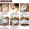 A set of tools for making dumplings and empanadas, showing steps for rolling, cutting, filling, and sealing.