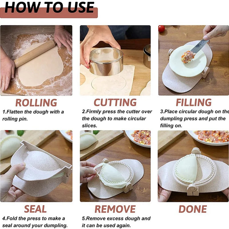 A set of tools for making dumplings and empanadas, showing steps for rolling, cutting, filling, and sealing.