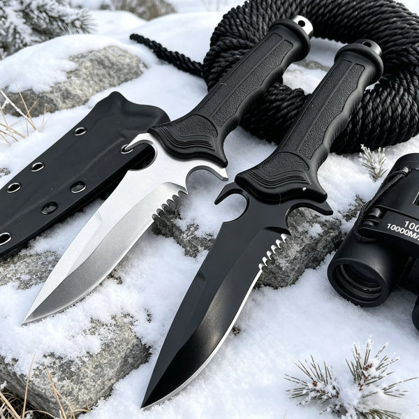 Ein multifunktives Messer mit schwarzem Griff und silberner Klinge liegt auf Schnee neben einer gespannten Seilrolle und eine
