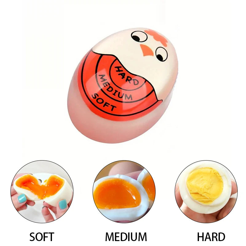 A pink egg-shaped cooking timer with markings for soft, medium, and hard cooking levels.