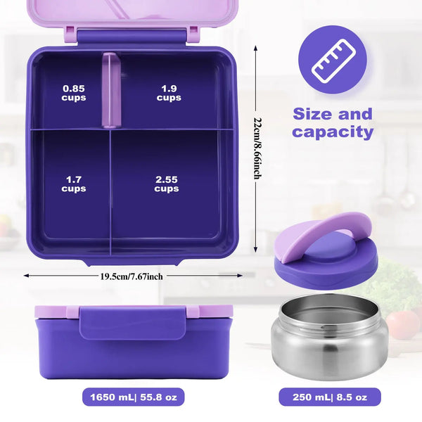 Purple insulated bento lunch box with four compartments and a matching stainless steel container.