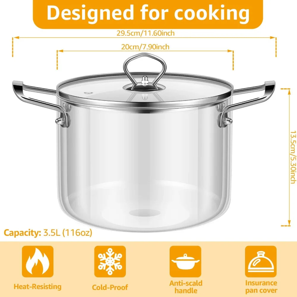 Clear glass cookware pot with lid and double handles designed for cooking