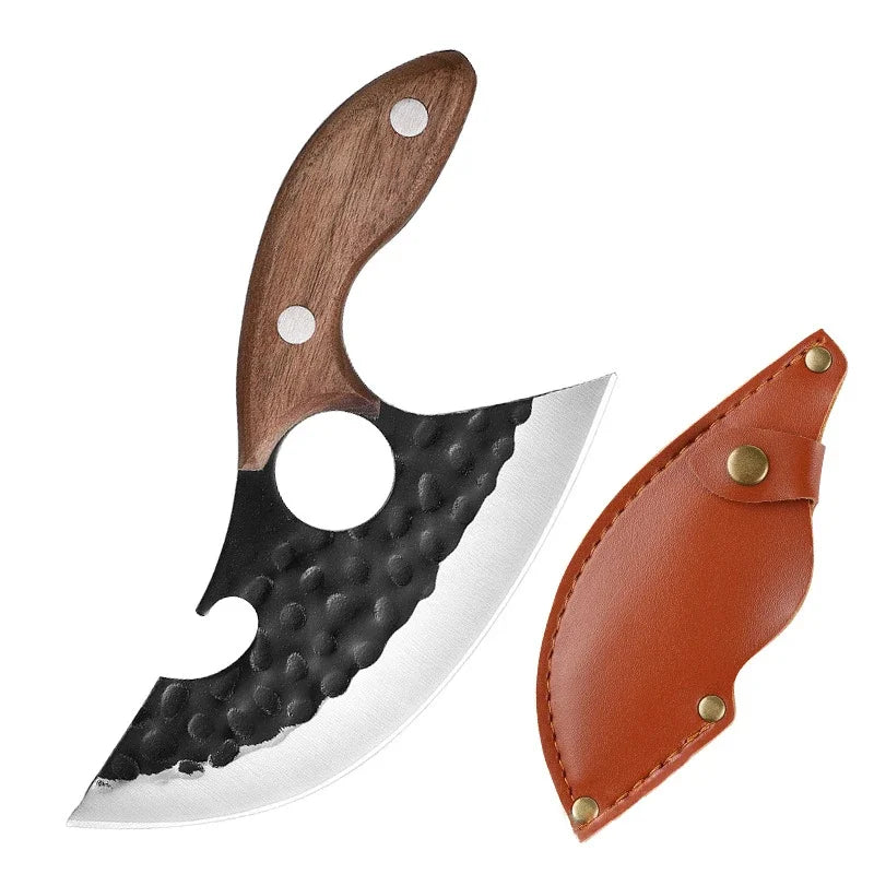 A heavy-duty boning and utility kitchen cleaver with a wooden handle and silver blade.