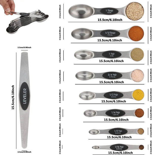 Set magnetischer Edelstahlmesslöffel und Nivelliermesser in verschiedenen Größen