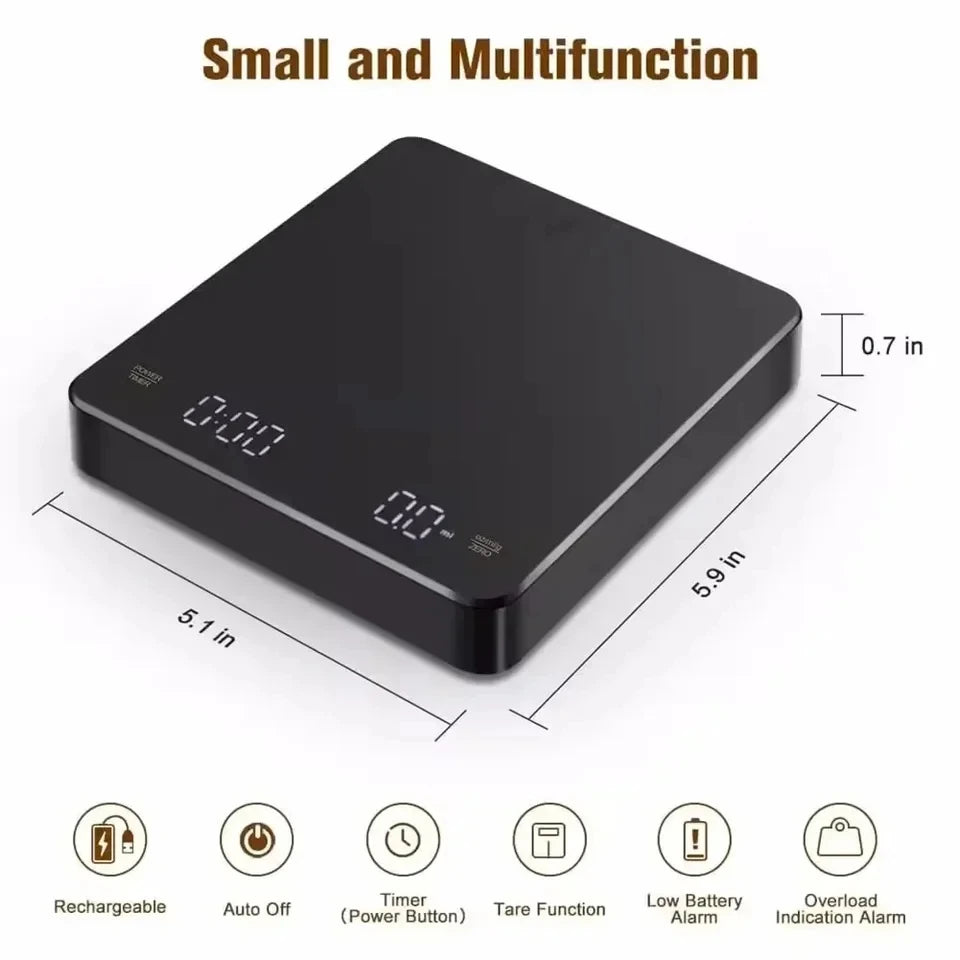 Schwarze digitale Espressomaschine mit Multifunktionen wie wiederaufladbare Batterie, Auto-Aus, Timer und Waagefunktion