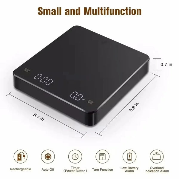 Schwarze digitale Espressomaschine mit Multifunktionsfunktionen wie Timer, Waage-Funktion und Batteriewarnung.