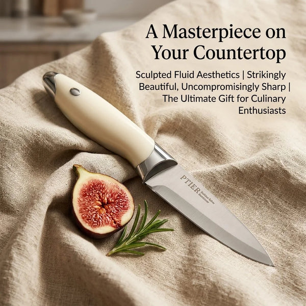 Silberne Küchenmesser mit hellem Griff auf einem beigen Leinentuch neben einer halben Grapefruit und Rosmarin.