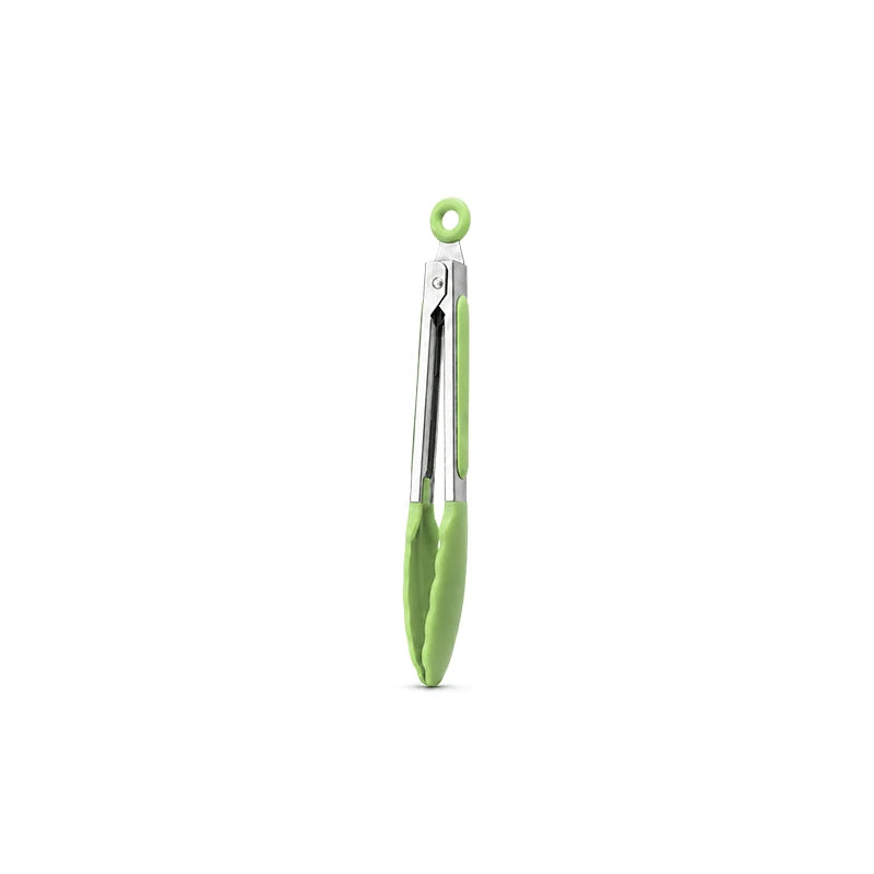 A set of three food-grade silicone kitchen tongs with stainless steel handles and green grips.
