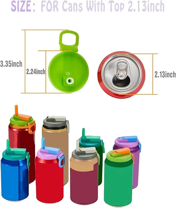 A set of reusable silicone can lids and straws in various colors including green, red, blue, purple, and brown.