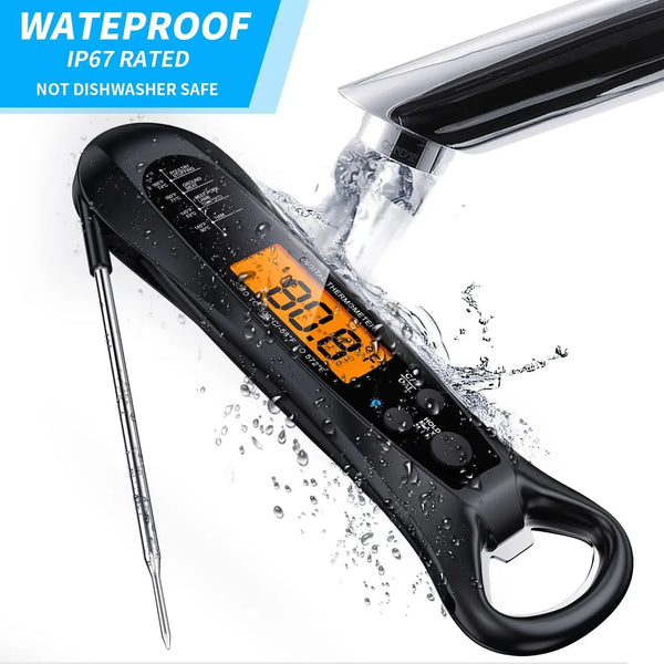 A black digital meat thermometer is shown dripping water, highlighting its waterproof features.