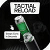 A close-up of a green can being loaded into a black Tactical Reload can holder.