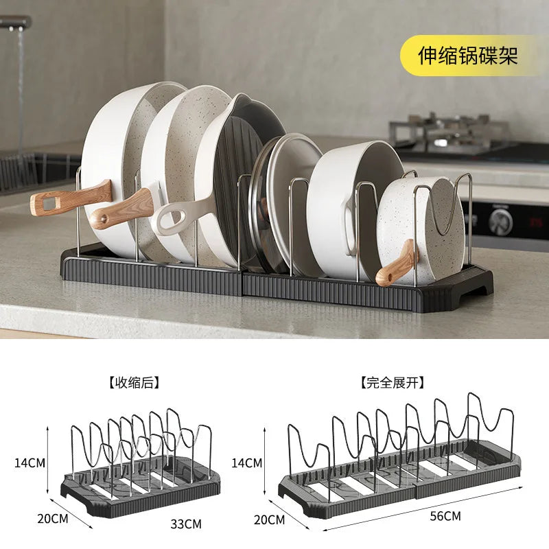 Expandable kitchen cabinet organizer with adjustable divider rack shown in a black tray with silver metal racks.