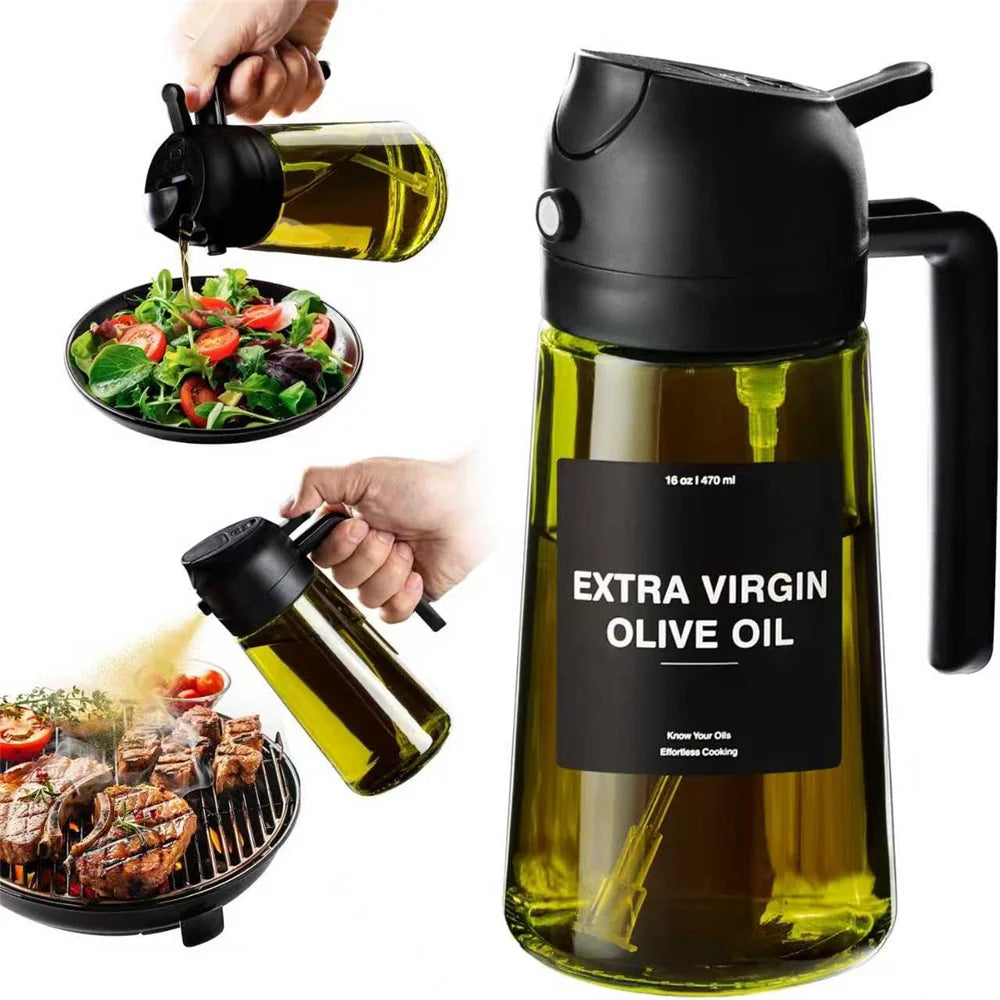 A glass oil sprayer bottle filled with olive oil is shown next to a hand pouring oil into a small bowl and another hand holdi