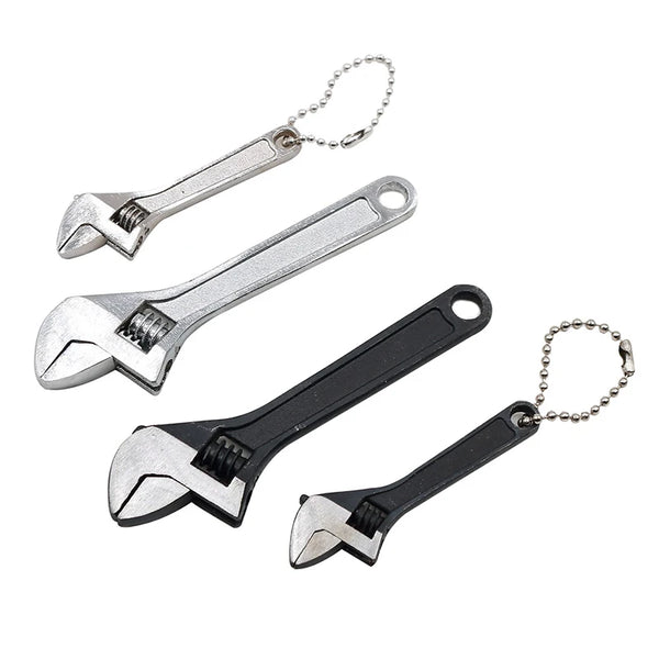 A set of two compact mini adjustable spanner wrenches with metal handles and chains.