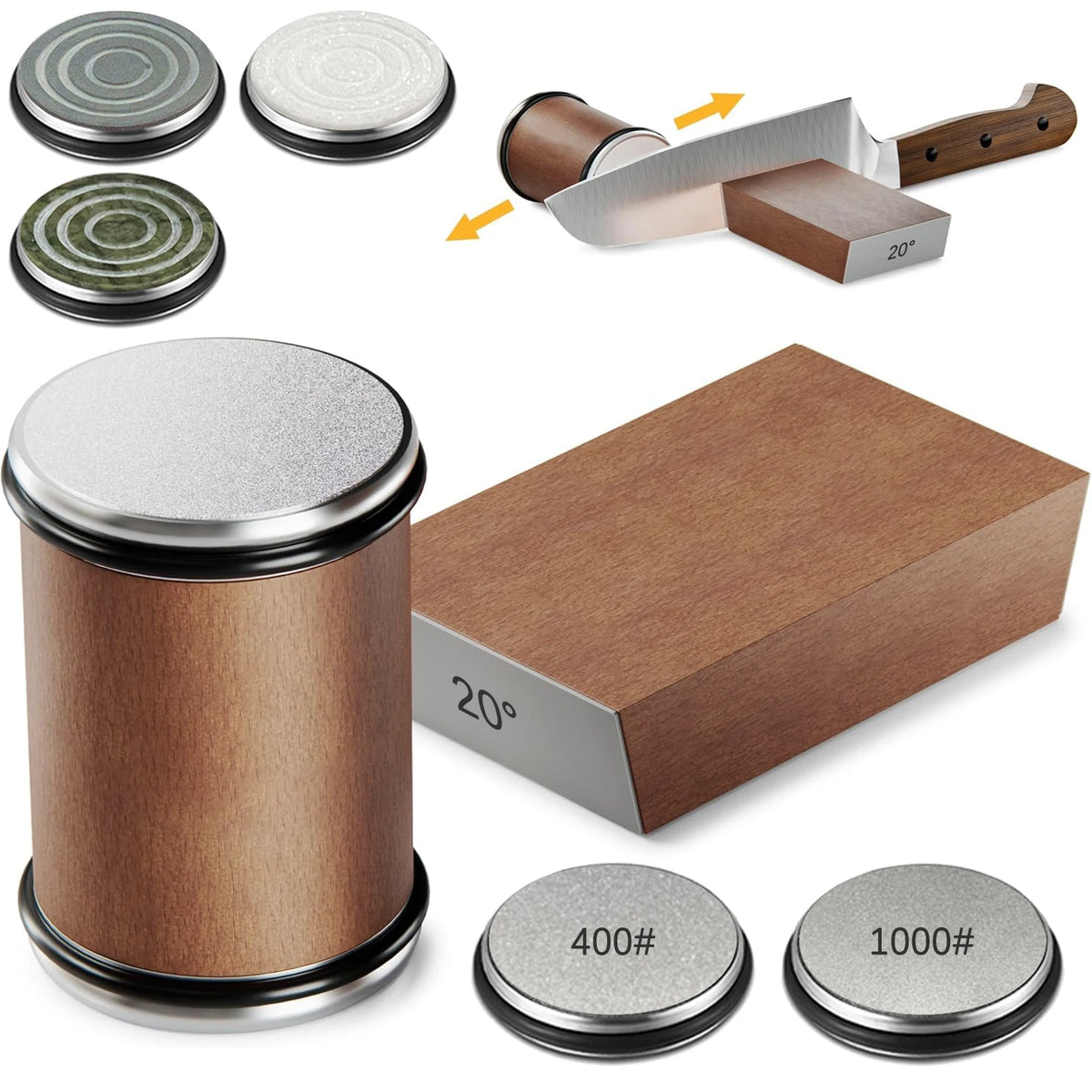 Magnetic rolling knife sharpener kit showing various components including a sharpening tool and discs