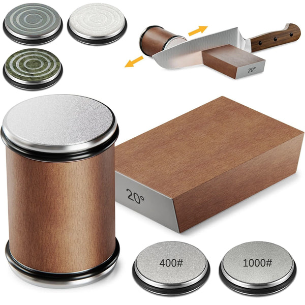 Magnetisches Schleifmesser-Set mit verschiedenen Komponenten, einschließlich einer Schärfwerkzeug und Scheiben