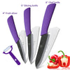 Un set de couteaux de cuisine en céramique violets, incluant un couteau à trancher de 5 pouces, un couteau de chef de 6 pouce