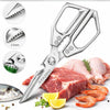 Stainless steel kitchen multi-tool set featuring a large knife and various tools next to raw meat and seafood.