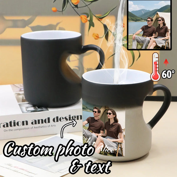 A white coffee mug featuring a photo and text, with steam rising from the liquid inside.