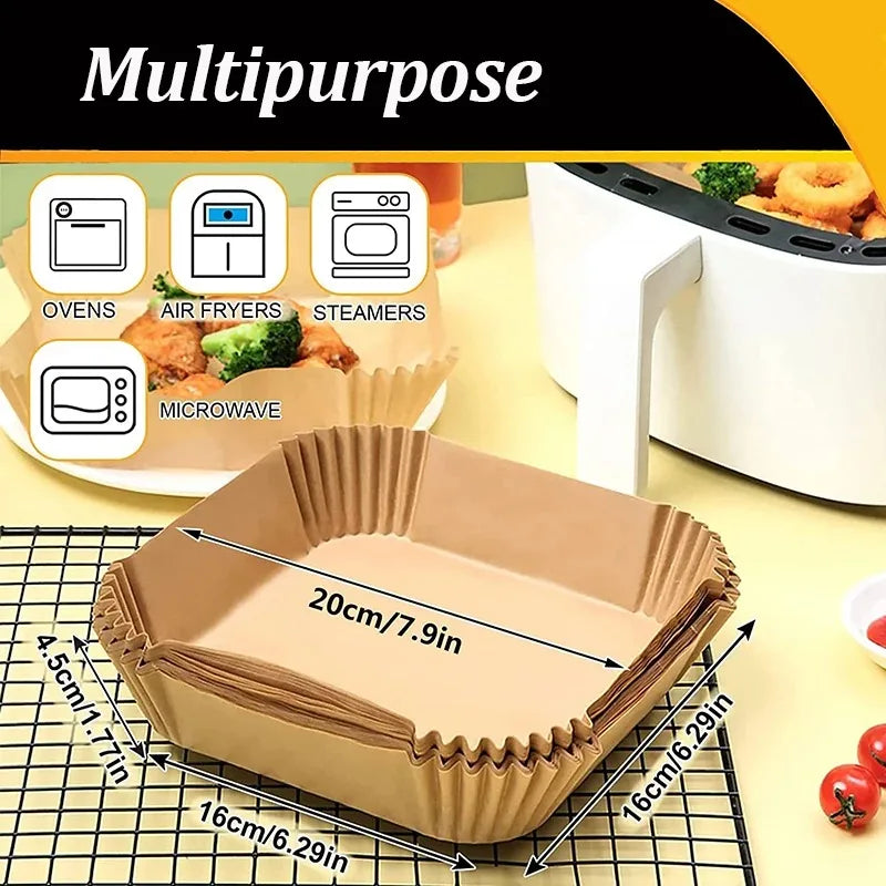 A disposable non-stick baking mat is shown with various kitchen appliances like ovens, air fryers, and microwaves in the back