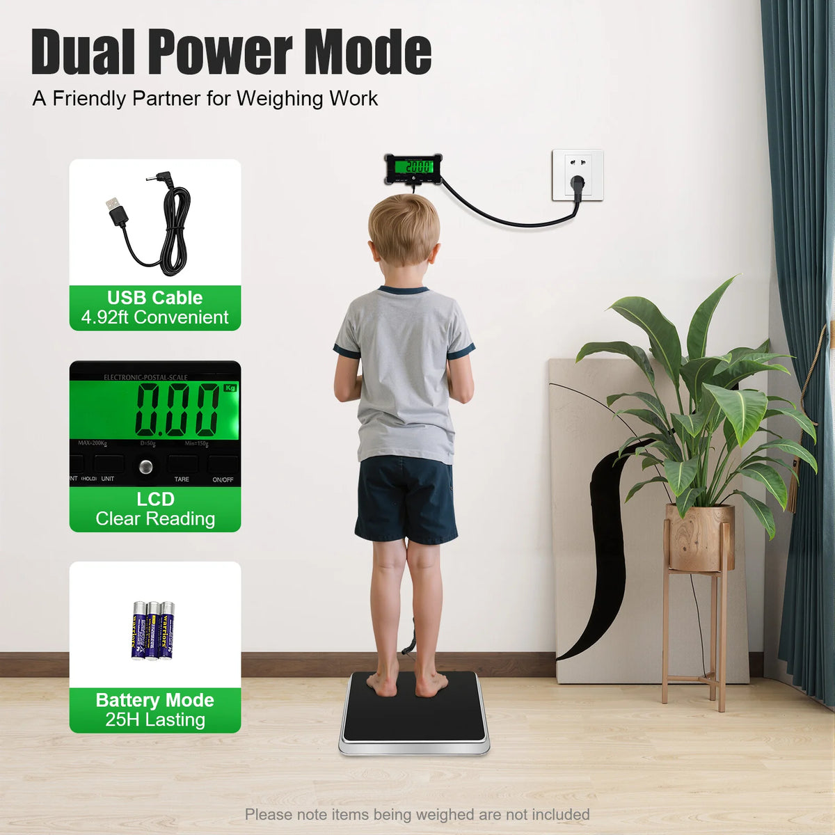 A digital shipping scale demonstrating dual power mode with USB and battery options.