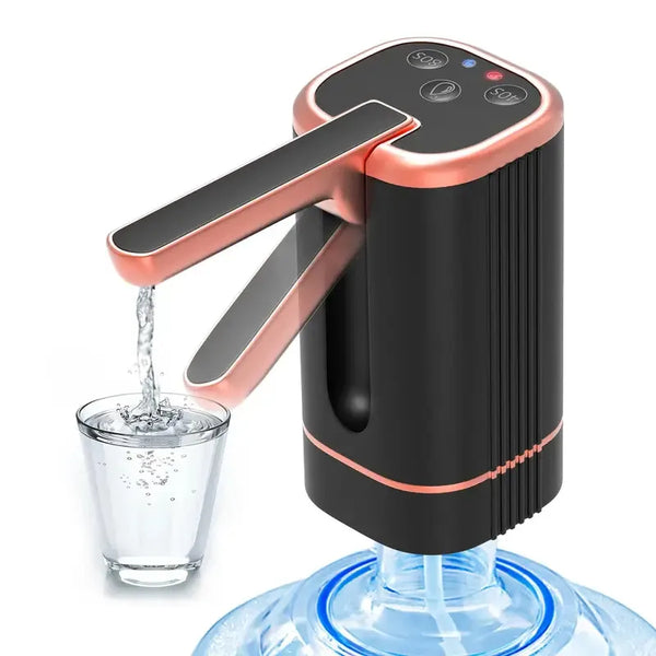 A black and rose gold portable electric water dispenser pump is shown dispensing water into a glass.