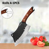 A forged chef knife with a black blade and wooden handle is shown next to fresh tomatoes.