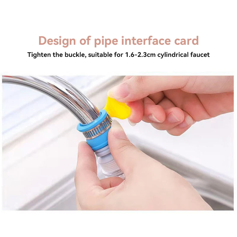 A hand is tightening a yellow component onto a blue pipe interface card for a cylindrical faucet.