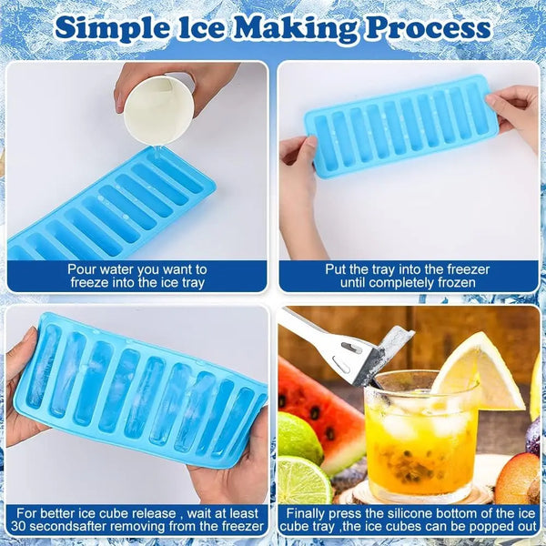A process showing how to make ice cubes using a silicone tray and freezer.