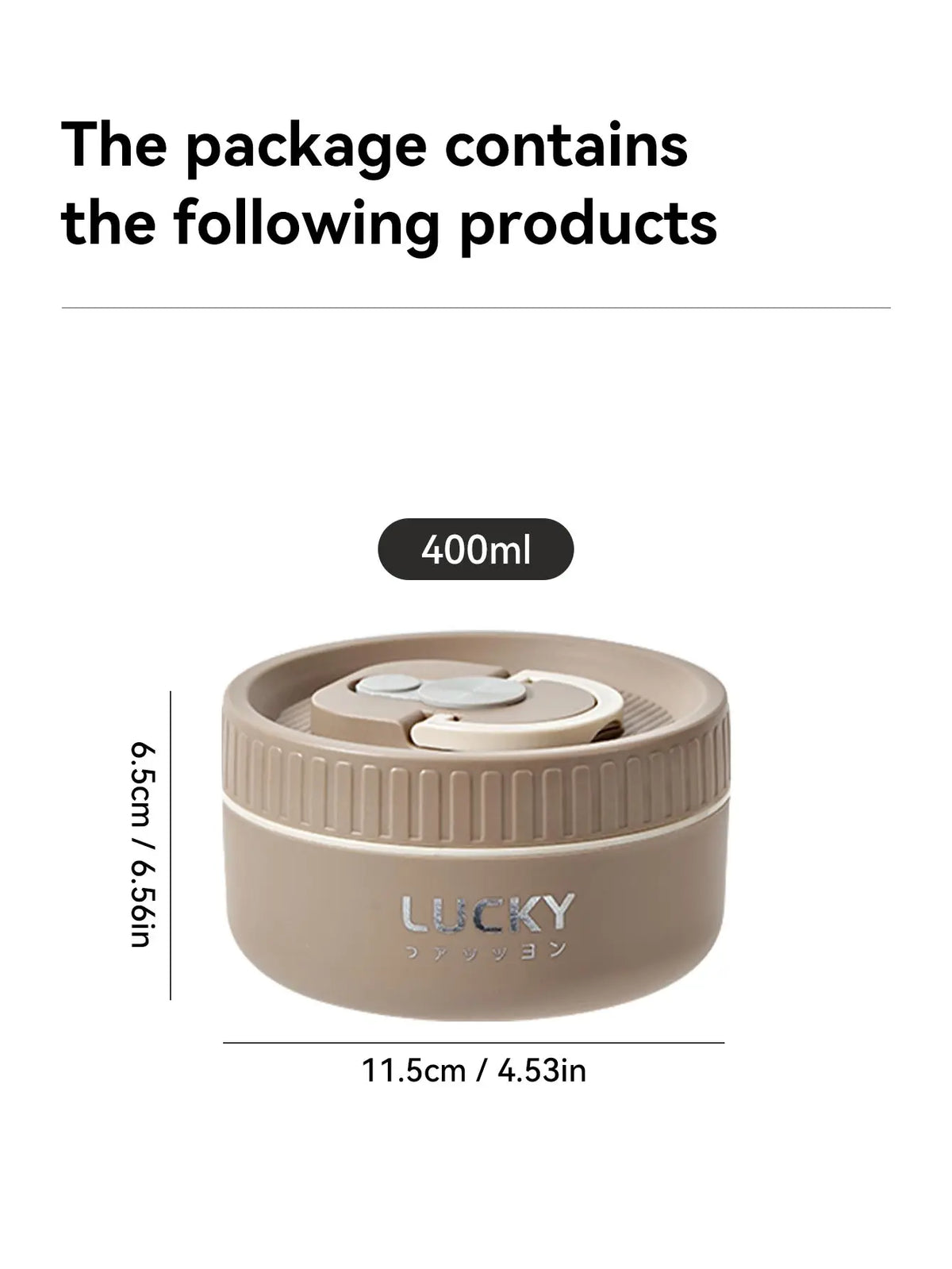 A beige 400ml thermal lunch box with a lid, shown next to a measurement scale.
