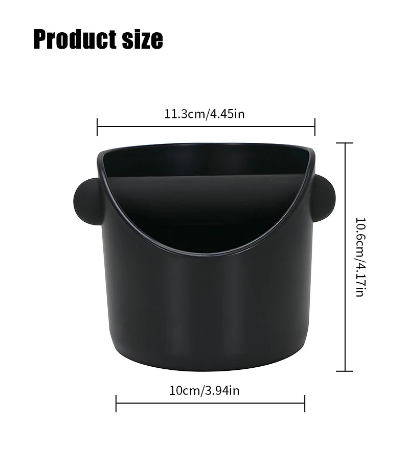 Black coffee grounds container with dimensions 11.3cm wide and 10cm deep.