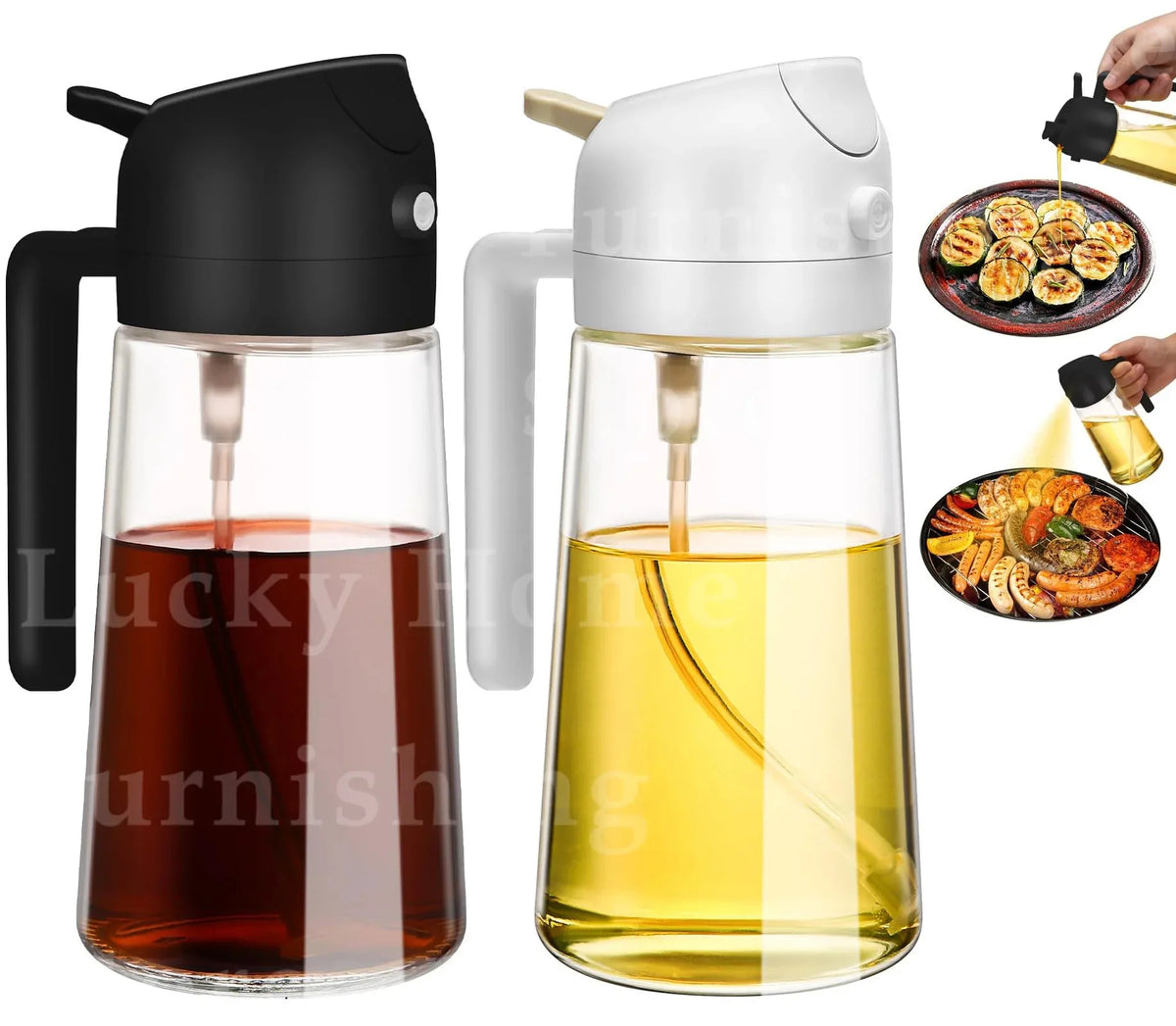 A set of two glass oil sprayer bottles, one black and one white, used for kitchen and BBQ oil application.