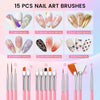 A collection of 15 pieces of nail art brushes and dotting tools in various shapes and colors for professional use.