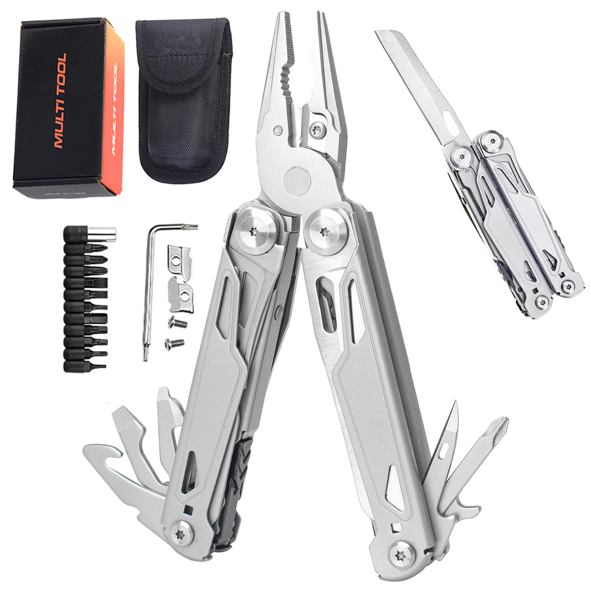 A set of stainless steel folding pliers and tools, including a multi tool box and various hand tools.