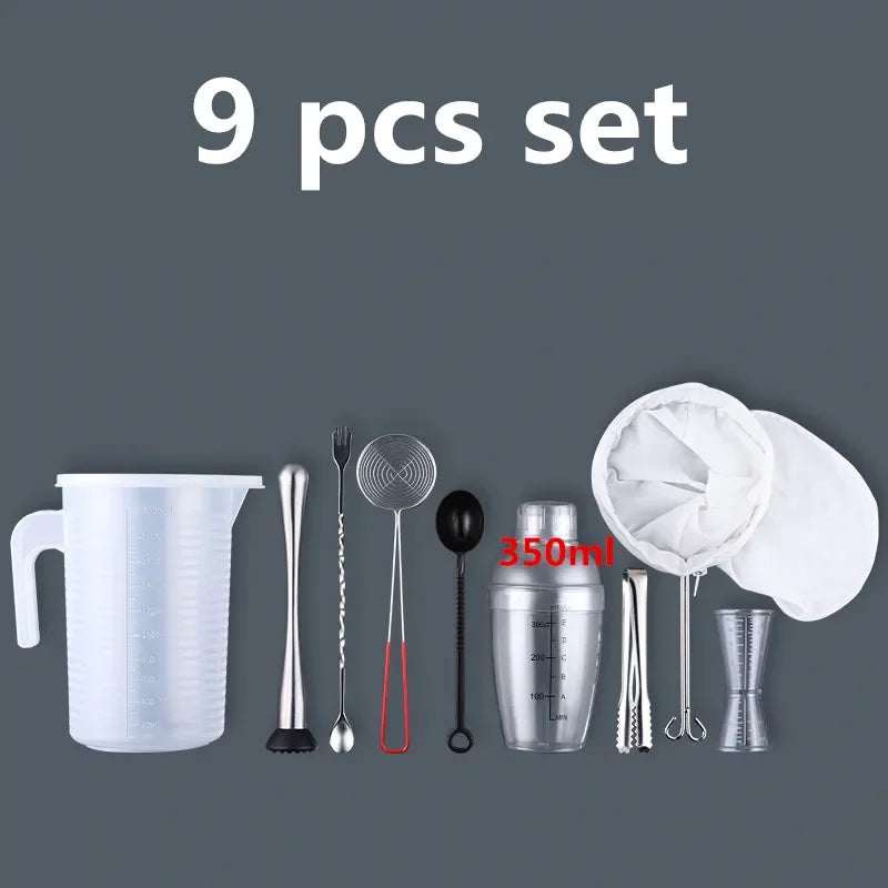 A set of 9 pieces including a plastic cocktail shaker, various tools, and a measuring bottle.