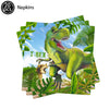A set of 20 dinosaur-themed napkins featuring a green T-Rex illustration surrounded by tropical foliage.