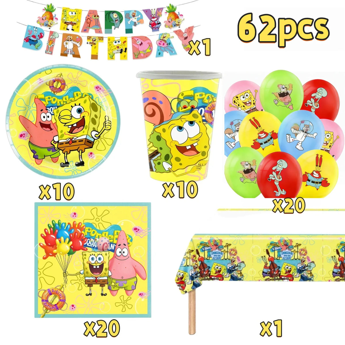 A disposable party set featuring SpongeBob characters including a banner, cups, and decorations.